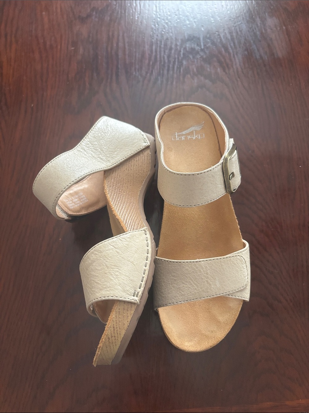 Dansko Women's Two-Strap Slide Sandals in Light Beige, orthotic footbed.